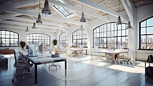 Loft style open space office in a modern urban building. Wooden floor and ceiling with beams, large tables with chairs
