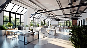 Loft style open space office with skylights and city view. White walls and wooden floor, large tables, comfortable