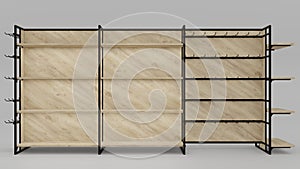 loft-style shopping shelves 3D render. wood and metal