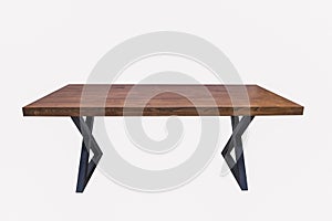 Loft-style table in wenge oak color with black metal legs on white background