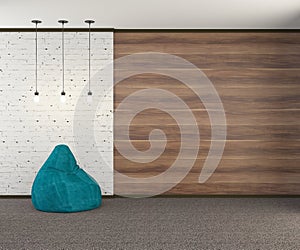 A loft-style wall with a turquoise armchair and three light bulbs . 3D rendering.