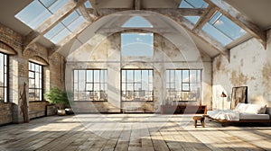 Loft style white room new empty penthouse apartment. Generative AI.