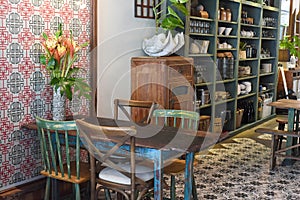 Loft style with wooden furniture in a Vietnamese coffee shop