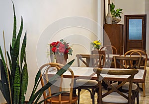 Loft style with wooden furniture in a Vietnamese coffee shop