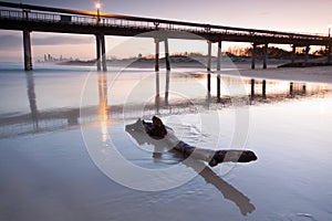 Log on beach at twilight with pier and the city