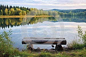 log bench overlooking the stillness of a lake