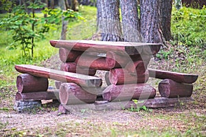 A log bench and table in the Park against a background of green grass