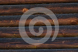 Log Cabin Or Barn Debarked Wall Textured Horizontal Background With Copy Space