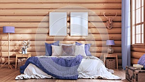 Log cabin bedroom in purple and beige tones. Double bed with blanket and duvet, wooden side tables. Frame mockup, farmhouse