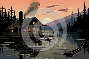 log cabin with chimney smoke, a dock, and a calm lake, magazine style illustration