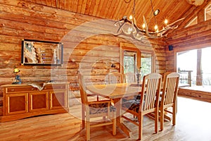 Log cabin dining room interior.