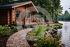 log cabin with a dock and a path leading to the forest