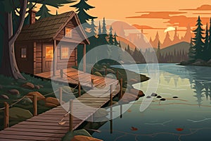 log cabin with a dock and a path leading to the forest, magazine style illustration