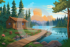 log cabin with a dock and a path leading to the forest, magazine style illustration