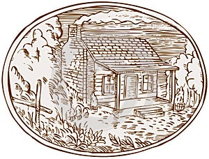 Log Cabin Farm House Oval Etching