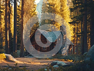 log cabin, forest setting, golden hour light, tranquil atmosphere