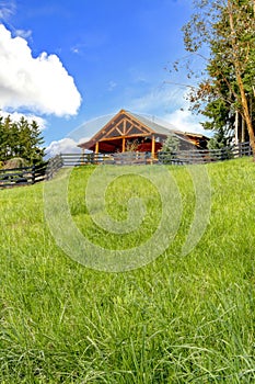 Log cabin on the hill with fresh green grass.