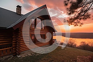 log cabin house with view of lake and sunsets