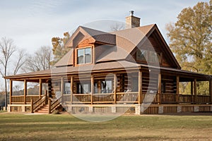 log cabin house with wrap-around porch and rocking chairs