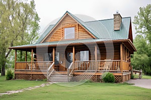 log cabin house with wrap-around porch and rocking chairs