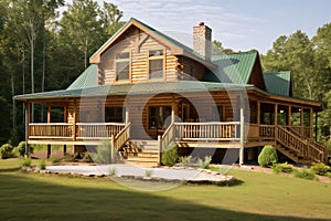 log cabin house with wrap-around porch and rocking chairs