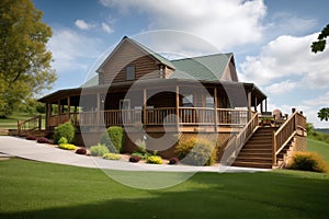 log cabin house with wrap-around porch and rocking chairs