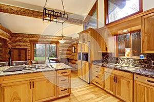 Log cabin kitchen interior design with honey color cabinets.