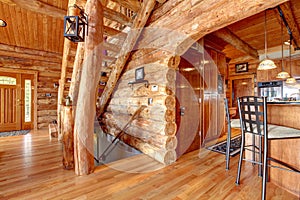Log cabin kitchen and staircase interior.