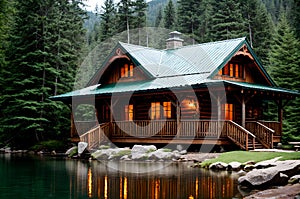 A log cabin on a lake in the woods.