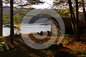 Log Cabin Lean to Shelter Campsite in the Adirondack Mountains During Near Peak Fall Leaf Foliage