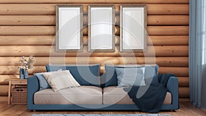 Log cabin living room in blue and beige tones, front view. Frame mock up, fabric sofa with pillows. Farmhouse interior design