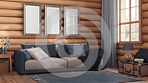 Log cabin living room in gray and beige tones. Fabric sofa, carpet and windows. Frame mockup, farmhouse interior design