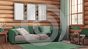 Log cabin living room in green and beige tones. Fabric sofa, carpet and windows. Frame mockup, farmhouse interior design