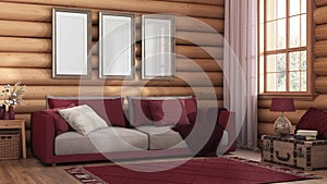 Log cabin living room in red and beige tones. Fabric sofa, carpet and windows. Frame mockup, farmhouse interior design