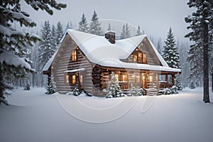 A log cabin in the middle of a snowy forest