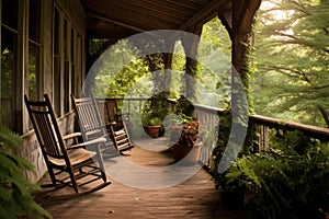 log cabin porch with rocking chairs