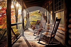 log cabin porch with rocking chairs