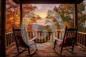 log cabin porch with rocking chairs and a scenic view