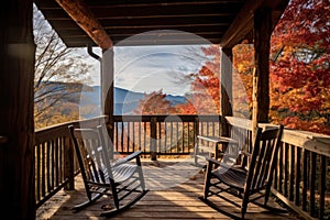log cabin porch with rocking chairs and a scenic view