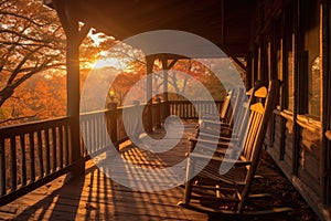 log cabin porch with rocking chairs at sunrise