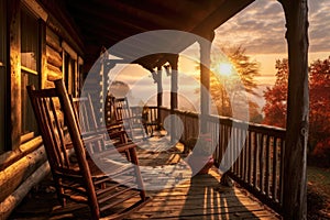 log cabin porch with rocking chairs at sunrise