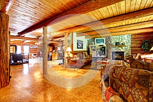 Log cabin rustic living room interior.