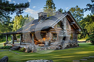 A log cabin with a stone fireplace sits in the middle of a grassy field, A rustic log cabin with a stone fireplace and wraparound