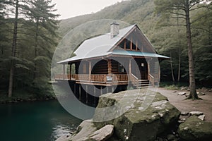 A log cabin by a tranquil lake