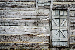 Log cabin wall with rustic door