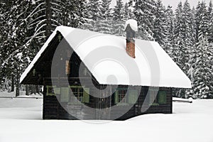 Log cabin in the winter