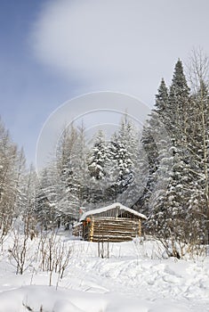 Log cabin in winter forest