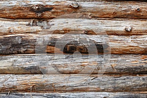 Log cabin wooden facade texture or rustic wood horizontal background. Full screen