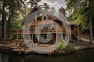 log cabin with wrap-around porch, overlooking picturesque lake