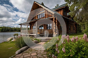 log cabin with wrap-around porch, overlooking picturesque lake